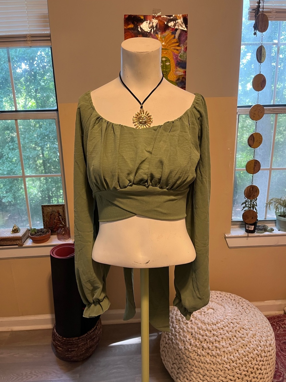 Women's Olive Green Long-Sleeve Cropped Peasant Top XL BOHO